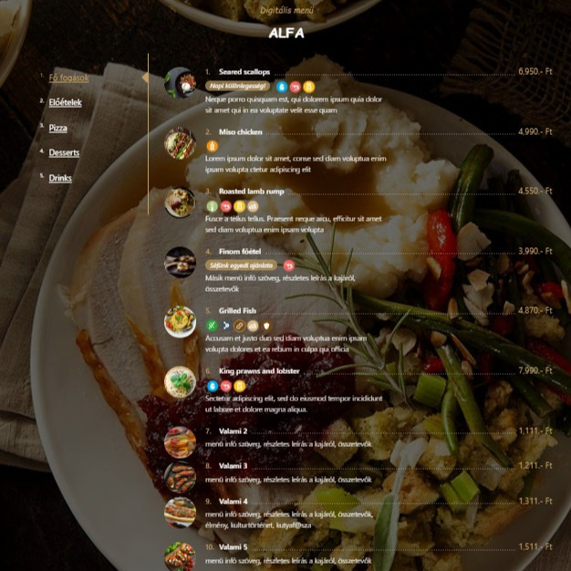 Digitális étlap ALFA stílus