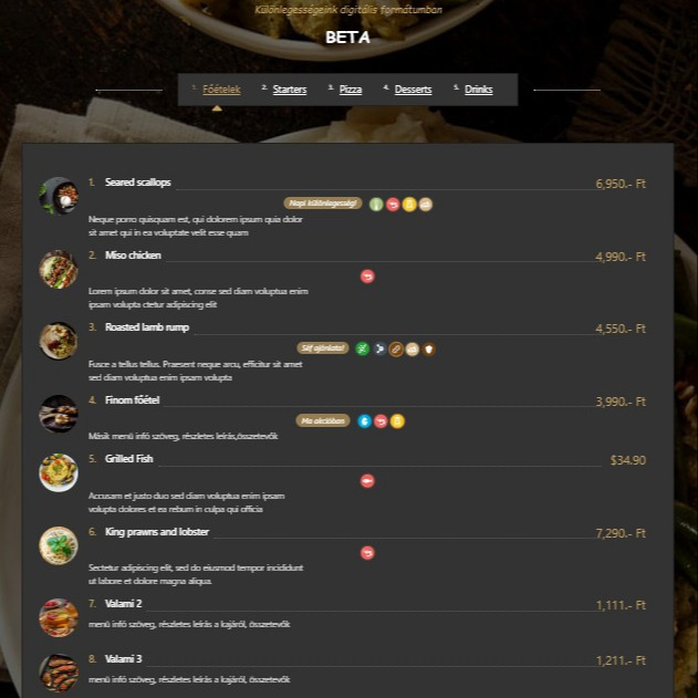 Digitális étlap BETA stílus