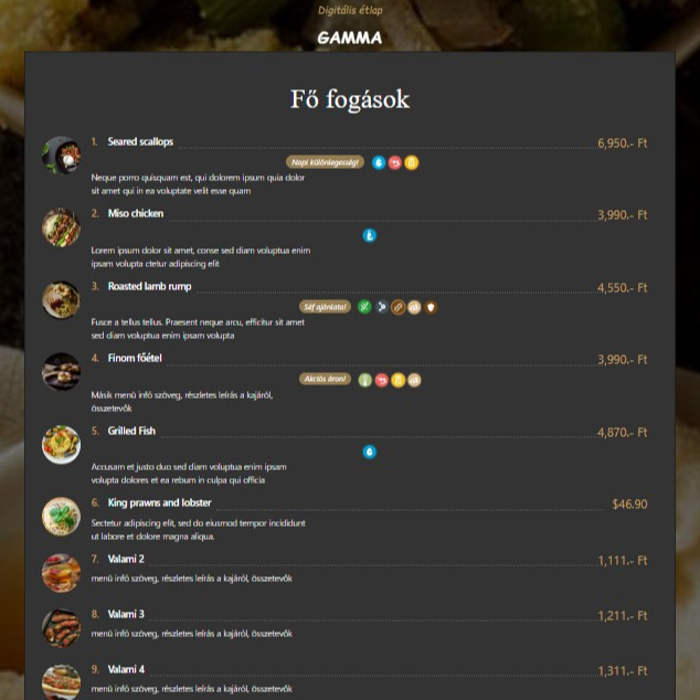 Digitális étlap GAMMA stílus